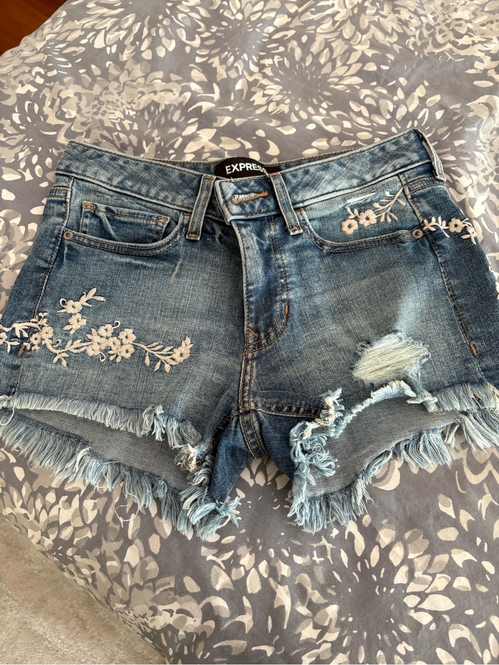 Express Blue Embroidered Distressed Denim Cutoff Shorts